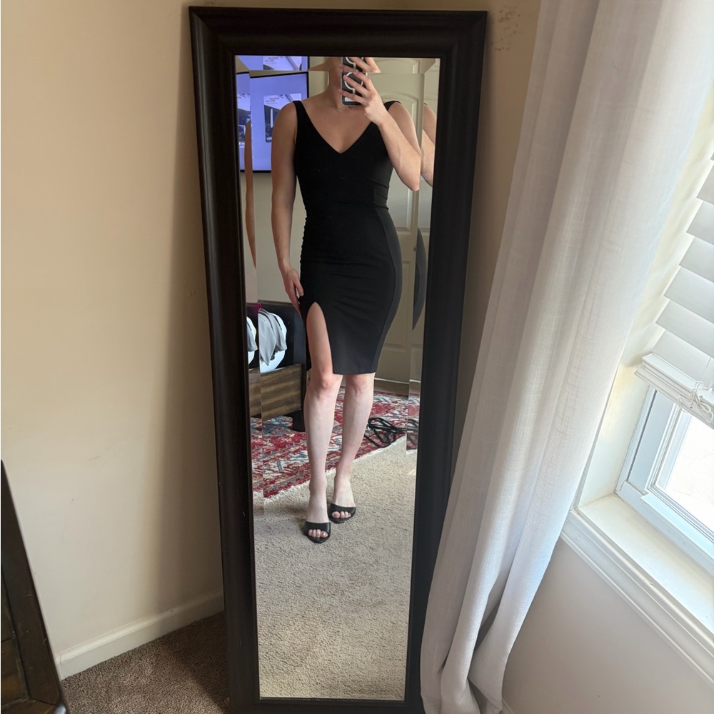 Lulu's Black V-Neck Midi Dress with Thigh Slit
